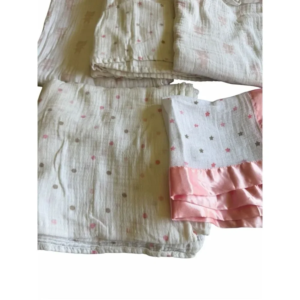 Aden & Anais 7 Blanket Swaddles and a small baby cuddle Pink White